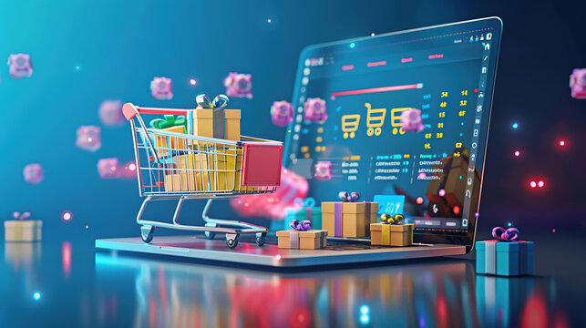 3D render of online shopping concept with a trolley full of boxes and a gift box on a laptop computer