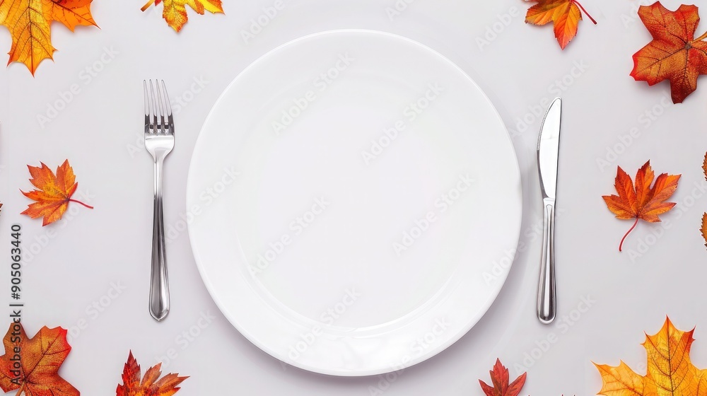 Poster autumn table setting with empty plate surrounded by colorful leaves