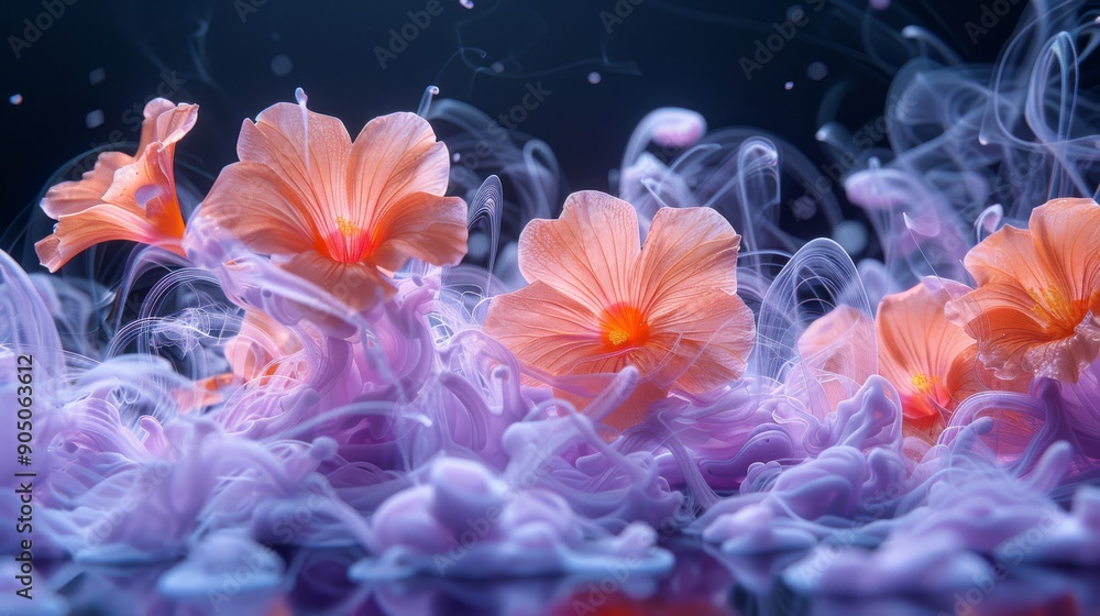 Poster vibrant flowers intertwined in a colorful liquid swirl creating a beautiful visual display