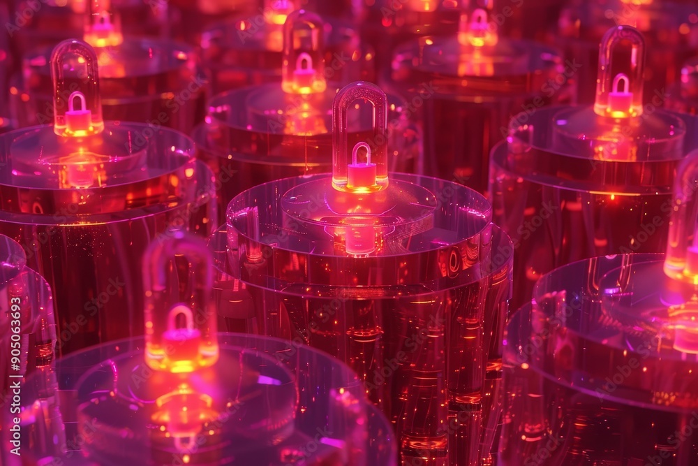Poster radiant cyber padlocks in a technological hive, depicting a secure network of data protection and en