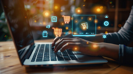 E-commerce concept with hands typing on laptop and shopping cart icon hologram floating above the keyboard