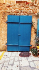 Blue Wooden Door Stone Wall Vertical Full Frame