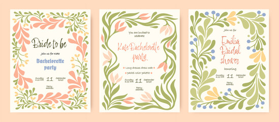 Vintage floral templates for Bachelorette party. Bridal shower invitations. Vector.