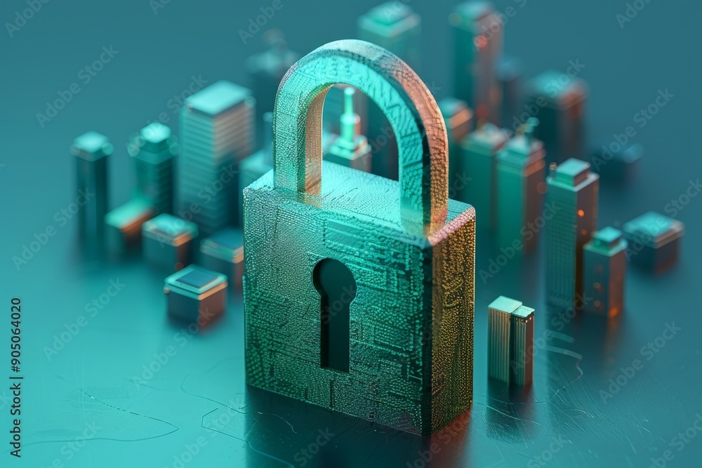 Poster teal padlock in a 3d digital world, representing encrypted data security in a virtual landscape of t