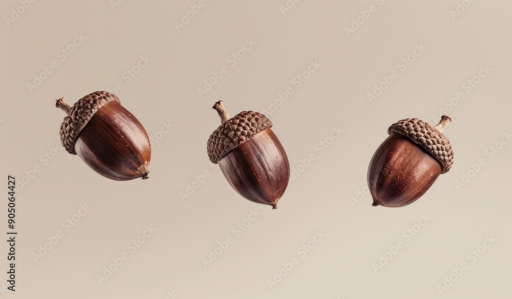 Aufkleber three acorns floating against a soft beige background, highlighting their glossy texture and unique 