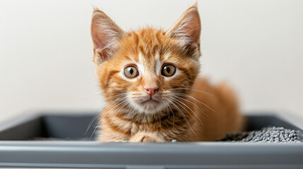 Cute ginger kitten with wide eyes sitting in a litter box, looking curious and playful in a domestic setting.
