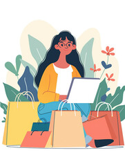 flat vector illustration of a happy woman shopping online with a laptop