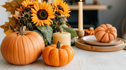 Autumn Decor Featuring Festive Pumpkins and Sunflowers on Table