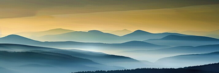 Fototapeta premium Mountain silhouettes and mist layers revealed by a glorious sunrise offering a tranquil and vast dawn vista