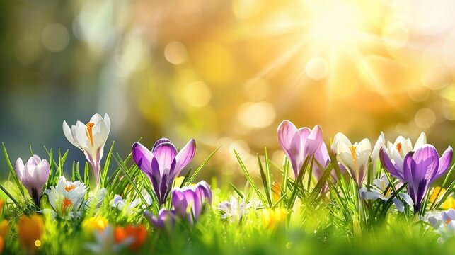 Bright sunlight illuminates fresh grass and lovely crocuses in spring
