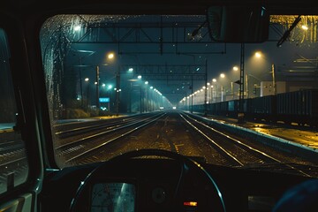 a view of a train track from inside a vehicle