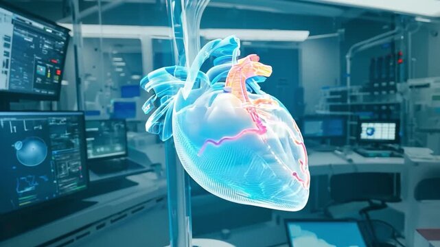 A 3D holographic heart model is showcased in a high-tech lab filled with monitors and advanced medical equipment.