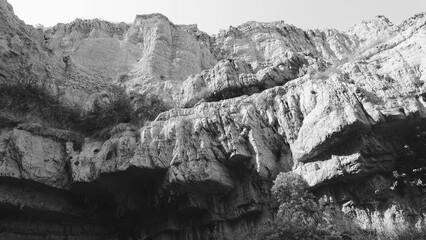 Rugged Mountain Cliffs Black White Wide Angle View