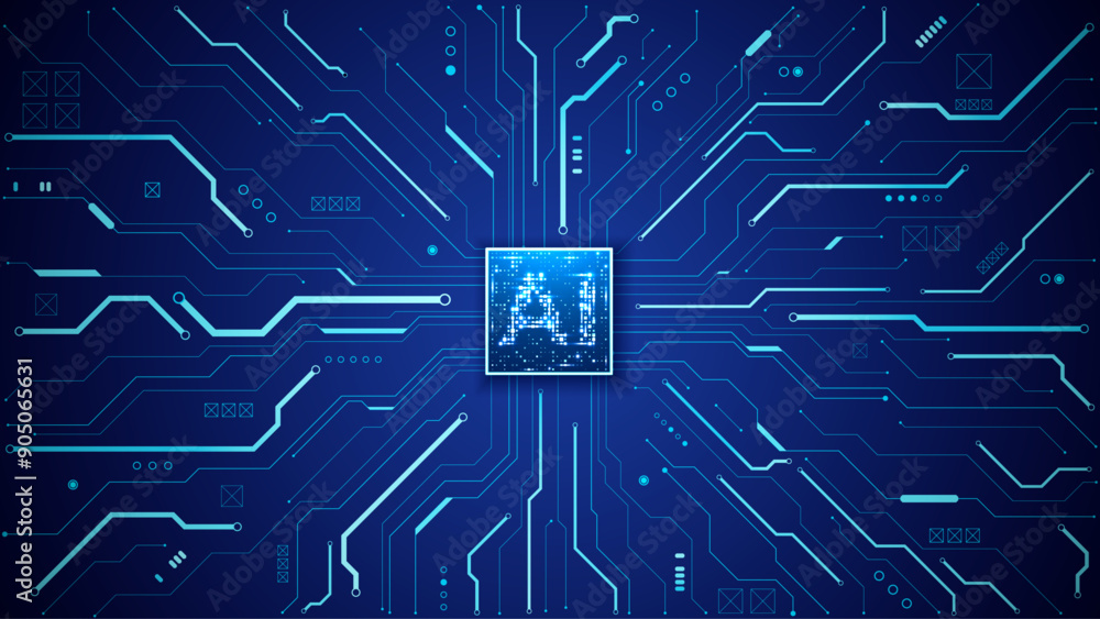 Leinwandbilder AI chip background. Processor on light blue tech circuit board. Technology bg. Artificial Intelligence concept. CPU semiconductor on glowing electronics motherboard. Vector illustration. AI background