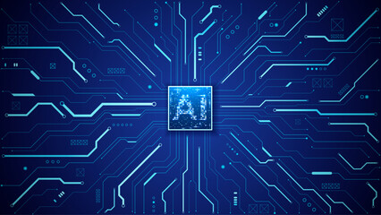 AI chip background. Processor on light blue tech circuit board. Technology bg. Artificial Intelligence concept. CPU semiconductor on glowing electronics motherboard. Vector illustration. AI background