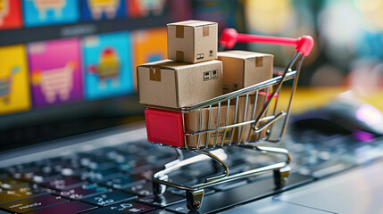 concept of online shopping with miniature cart and boxes on computer keyboard