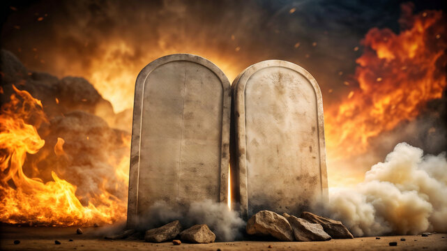 The Ten Commandments written by the finger of God on stone tablets with fire and smoke effects