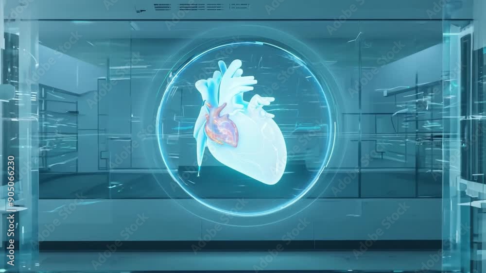 Poster a detailed 3d model of a human heart is displayed in a modern medical lab, showcasing anatomical str