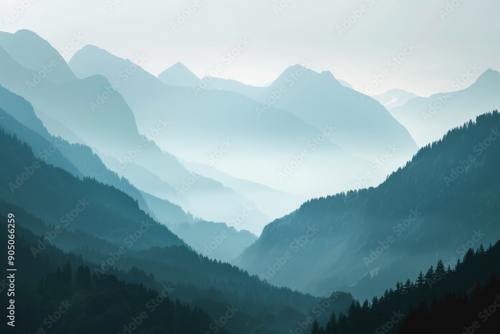 Poster a view of a mountain range covered in fog, creating a mystical and dreamy atmosphere, hazy silhouett