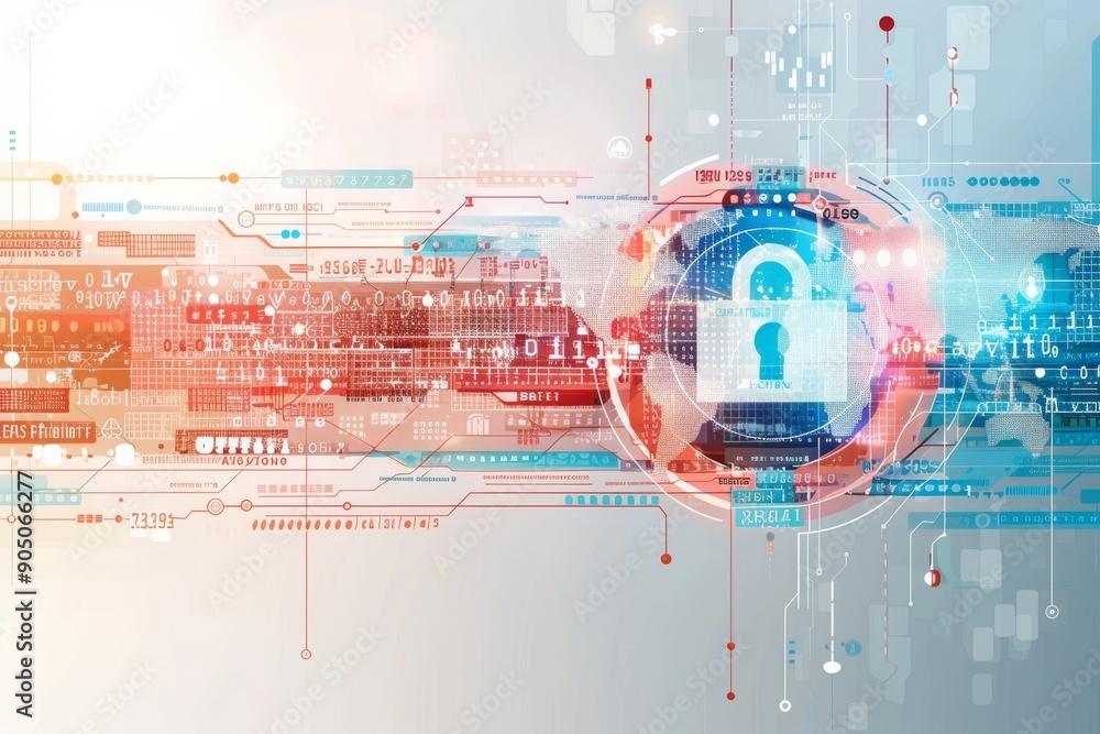 Poster futuristic digital padlock emerging from a digital mist, emphasizing cloud security and data protect