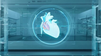 A detailed 3D model of a human heart is displayed in a modern medical lab, showcasing anatomical structures in an interactive format.