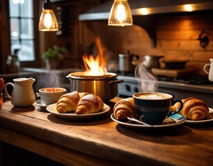 Obraz premium A table with a variety of food and drinks, including croissants, coffee