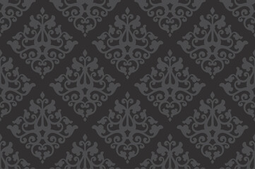 Vector black seamless illustration depicting an intricate ornate pattern in baroque style. Repeating floral motifs in beige on a maroon background. Elegant and sophisticated, evoking a sense of wealth