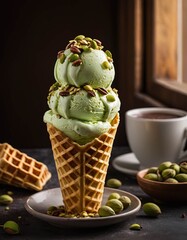A green ice cream cone with nuts on top is sitting on a plate