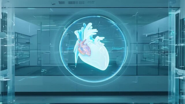 A detailed 3D model of a human heart is displayed in a modern medical lab, showcasing anatomical structures in an interactive format.