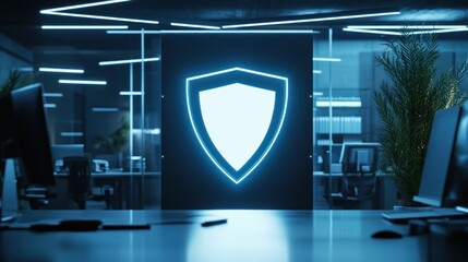 Shield glows in dark office space