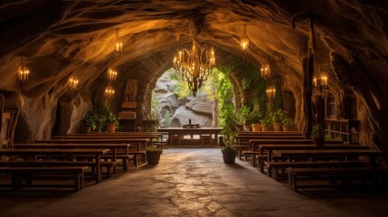 Cave Church Interior with Wooden Benches