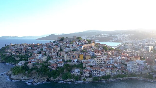Kavala Greece Aerial Crane Shot, Panagia Old Town Gulf Panoramic View