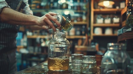 Obraz premium Hand Pouring Liquid into Glass Jar in Workshop