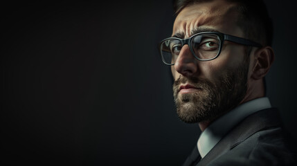 Obraz premium A man wearing glasses and a suit, standing in front of a dark background