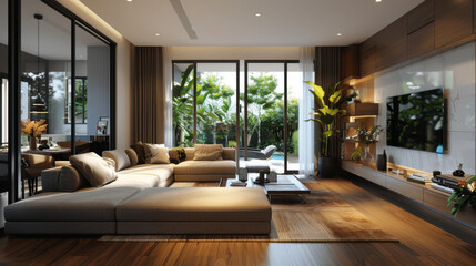 Fototapeta premium A spacious, modern living room featuring a large sectional sofa, big windows, and a view of greenery outside, emphasizing luxury and comfort.