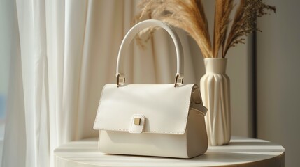 Elegant white handbag with gold hardware on a wooden table.