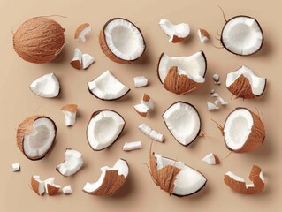 A group of coconuts cut in half arranged on a beige surface