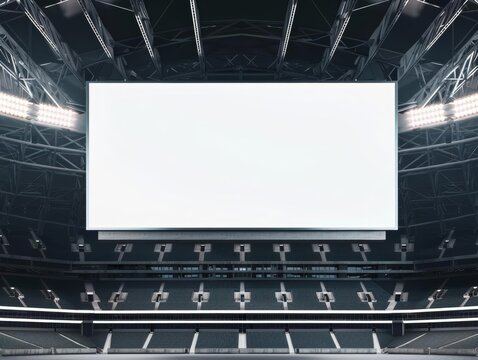 Sports stadium with blank white signboard, entrance advertising space, promotional opportunity
