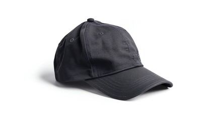 Plain black baseball cap isolated on white background.