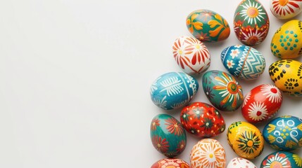 Decorated Ukrainian Easter eggs on white background with copy space