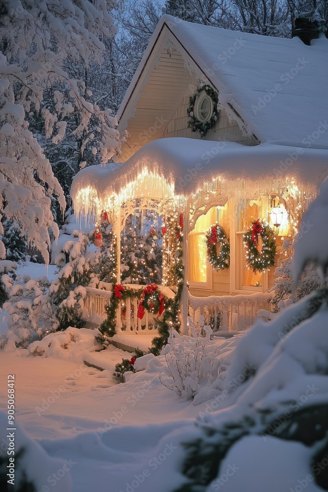 Poster A house with a porch covered in icicles and a wreath on the door