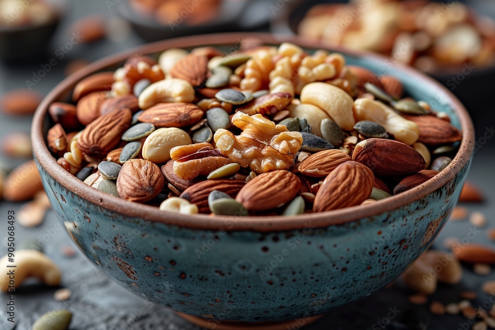 Poster a colorful bowl of mixed nuts and seeds displayed on a rustic table