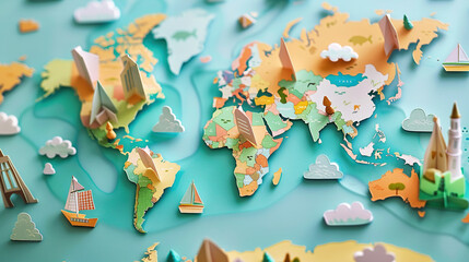 colorful paper craft world map on a pastel green wall