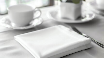 A white napkin folded on a white tablecloth with a white teacup in the background.