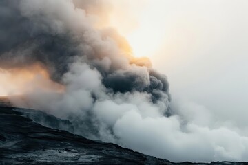Fototapeta premium Geyser eruption style with sunlight filtering through the steam, illustrating the dynamic geothermal activity concept, eruption, banner, with copy space