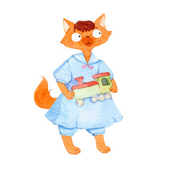 Isolated watercolor illustration with a cute kitty in a blue dress.