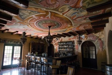 Obraz premium An ornately painted ceiling in a bar with intricate designs and vibrant colors, High ceilings with intricately painted ceiling murals