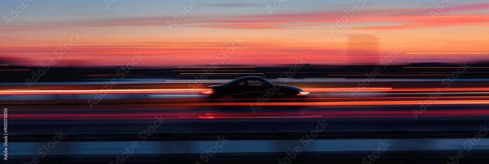 Sticker blurred car in motion on overpass at evening captured with long exposure