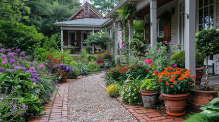 Lush garden with a colorful variety of flowers and plants leading to a charming, cozy house with a welcoming porch.