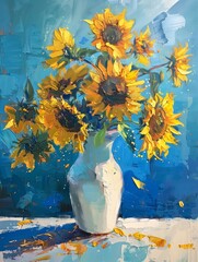 A vibrant bouquet of sunflowers stands tall in a white vase, illuminated by bright light and set against a striking blue backdrop